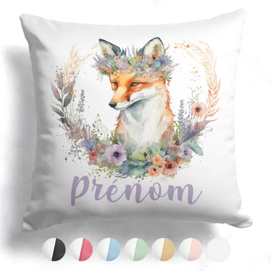 Coussin bicolore personnalisé - Renard fleurs