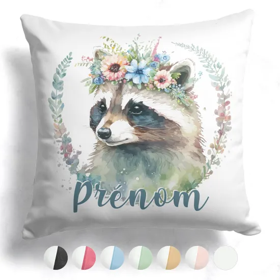 Coussin bicolore personnalisé - Raton laveur fleurs