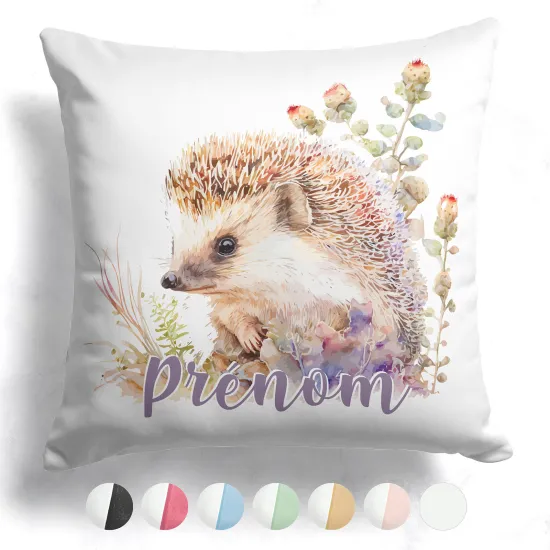 Coussin bicolore personnalisé - Hérisson fleurs