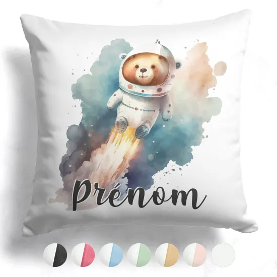 Coussin bicolore personnalisé - Ourson fusée