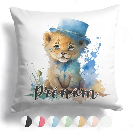 Coussin bicolore personnalisé - Lionceau avec chapeau