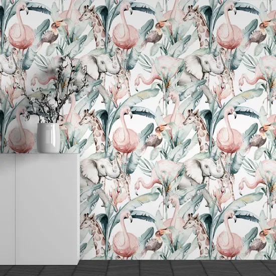 Papier peint panoramique Enfants - Motif Flamants roses Éléphants