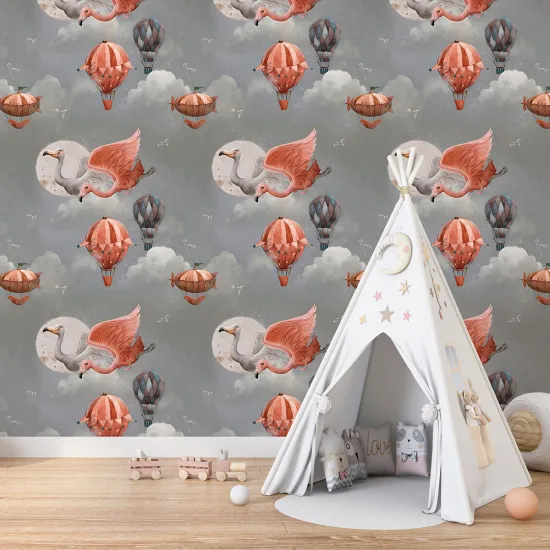 Papier peint panoramique Enfants - Motif Flamants Roses Montgolfières