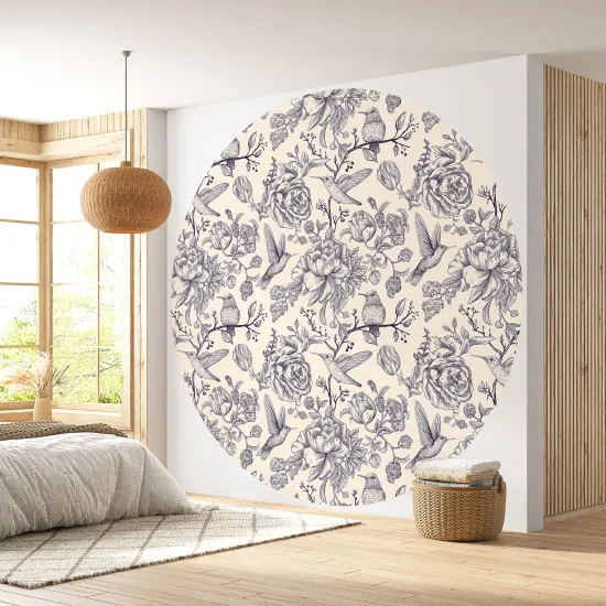 Papier peint rond / cercle - Fleurs Oiseaux - 306