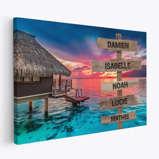 Tableau toile personnalisé avec prénoms - Paradisiaque bungalow flottant