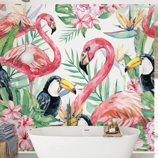 Papier peint panoramique - Flamants roses toucans