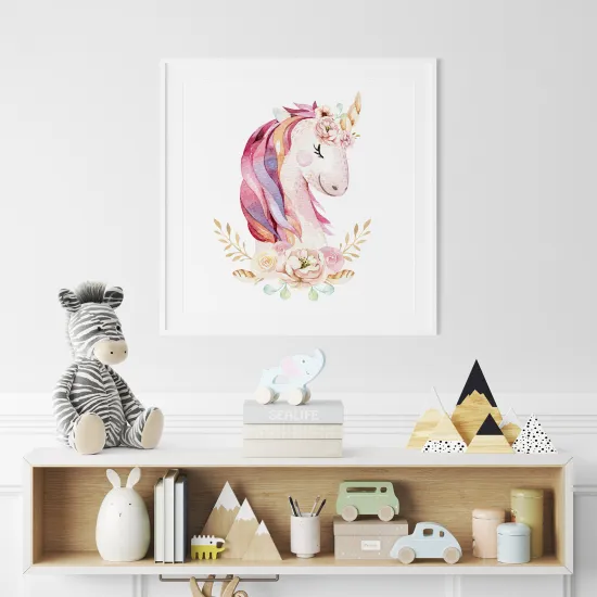 Poster / Affiche carrée Enfants - Licorne fleurs