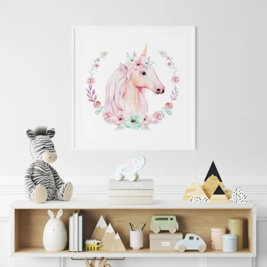 Poster / Affiche carrée Enfants - Licorne fleurs