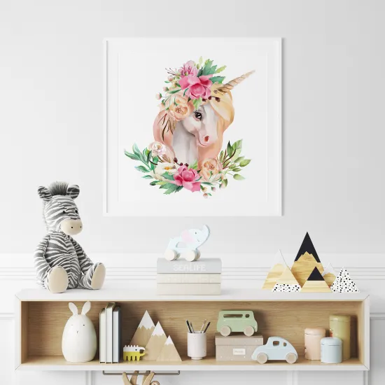 Poster / Affiche carrée Enfants - Licorne fleurs