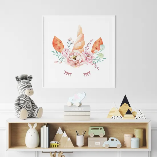 Poster / Affiche carrée Enfants - Licorne fleurs