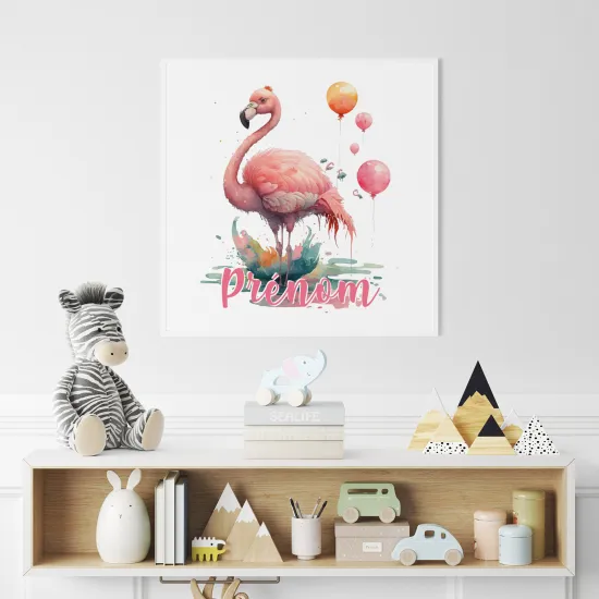 Poster / Affiche carrée enfants personnalisée - Flamant rose ballons