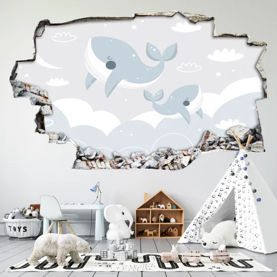 Stickers Trompe l'oeil trou dans le mur - Baleine Nuage