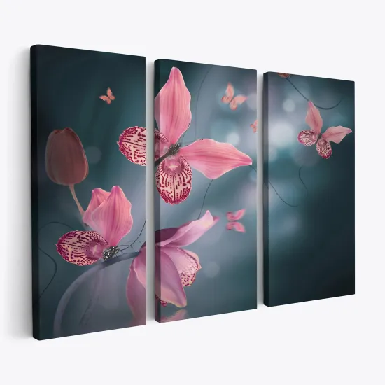 Tableau triptyque sur toile - Fleurs Papillons