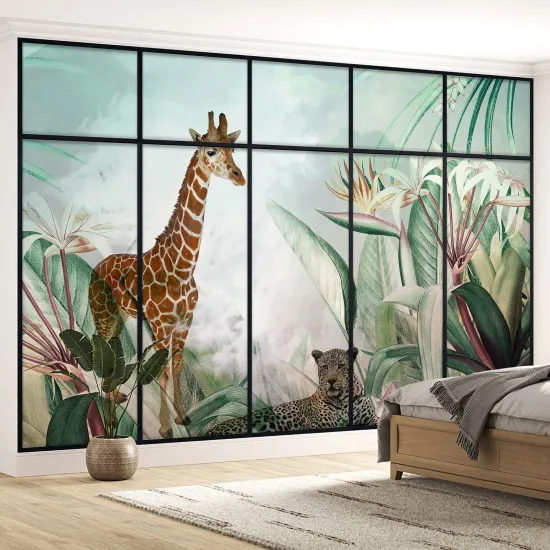 Papier peint panoramique Trompe l'œil Verrière Enfants - Animaux de la jungle