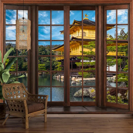 Papier peint panoramique Trompe l'œil Fenêtre en bois - Temple Japonais