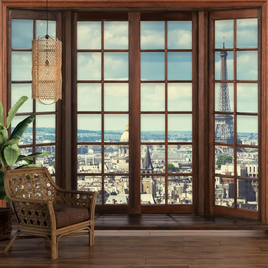 Papier peint panoramique Trompe l'œil Fenêtre en bois - Paris tour eiffel