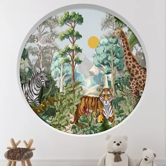 Stickers Trompe l'œil Arche ronde Enfants - Animaux dans la Jungle