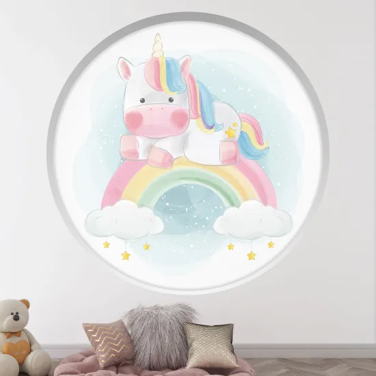 Stickers Trompe l'œil Arche ronde Enfants - Licorne Arc-en-ciel