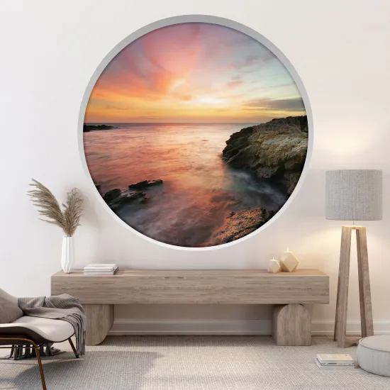 Stickers Trompe l'œil Arche ronde - Vue mer couché de soleil