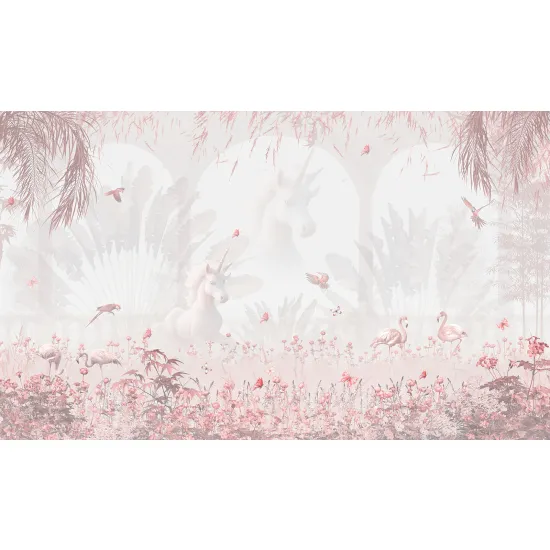 Papier peint panoramique Enfants - Flamants Roses Licornes