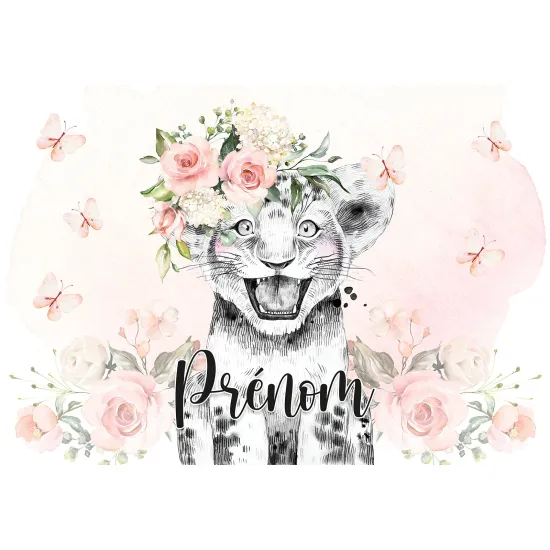 Papier peint panoramique enfant avec prénom personnalisable - Lion Fleurs 