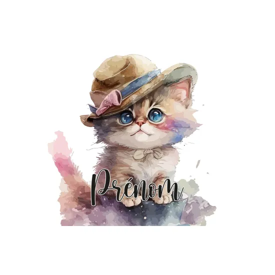 Papier peint panoramique enfant avec prénom personnalisable - Chaton Chapeau - 3409