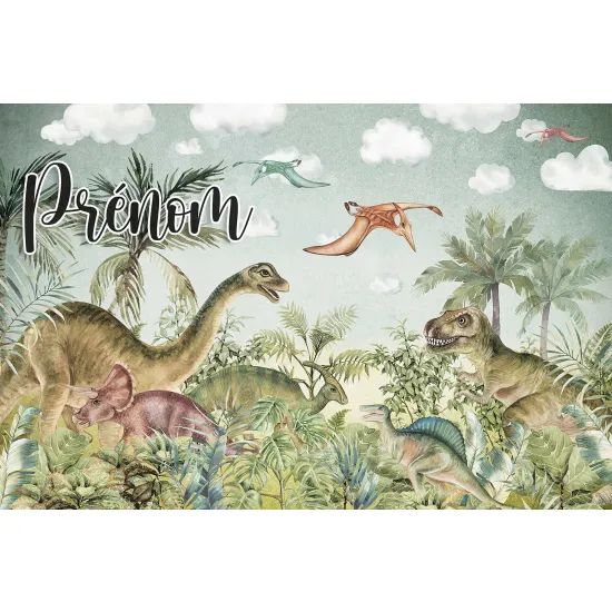 Papier peint panoramique enfant avec prénom personnalisable - Dinosaures - 3420