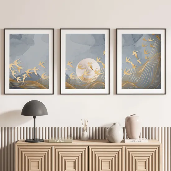 Lot de 3 Affiches / Posters Triptyque - Oiseaux lune