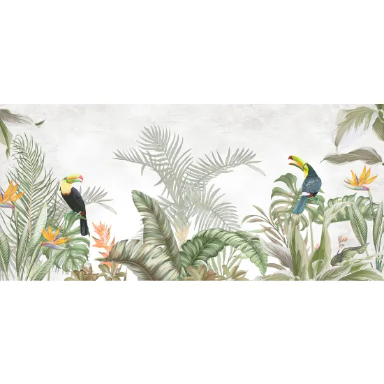 Papier peint panoramique - Feuilles tropicales Toucans