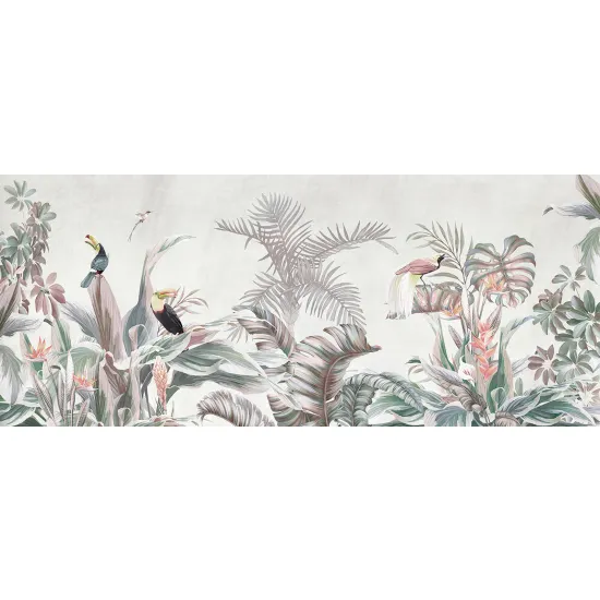 Papier peint panoramique - Feuilles tropicales Oiseaux