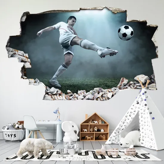 Stickers Trompe l'oeil trou dans le mur - Footballeur